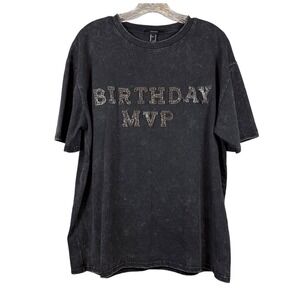 FOREVER 21 Black Acid Wash "Birthday MVP" Oversized T-Shirt, 100% Cotton, Size M